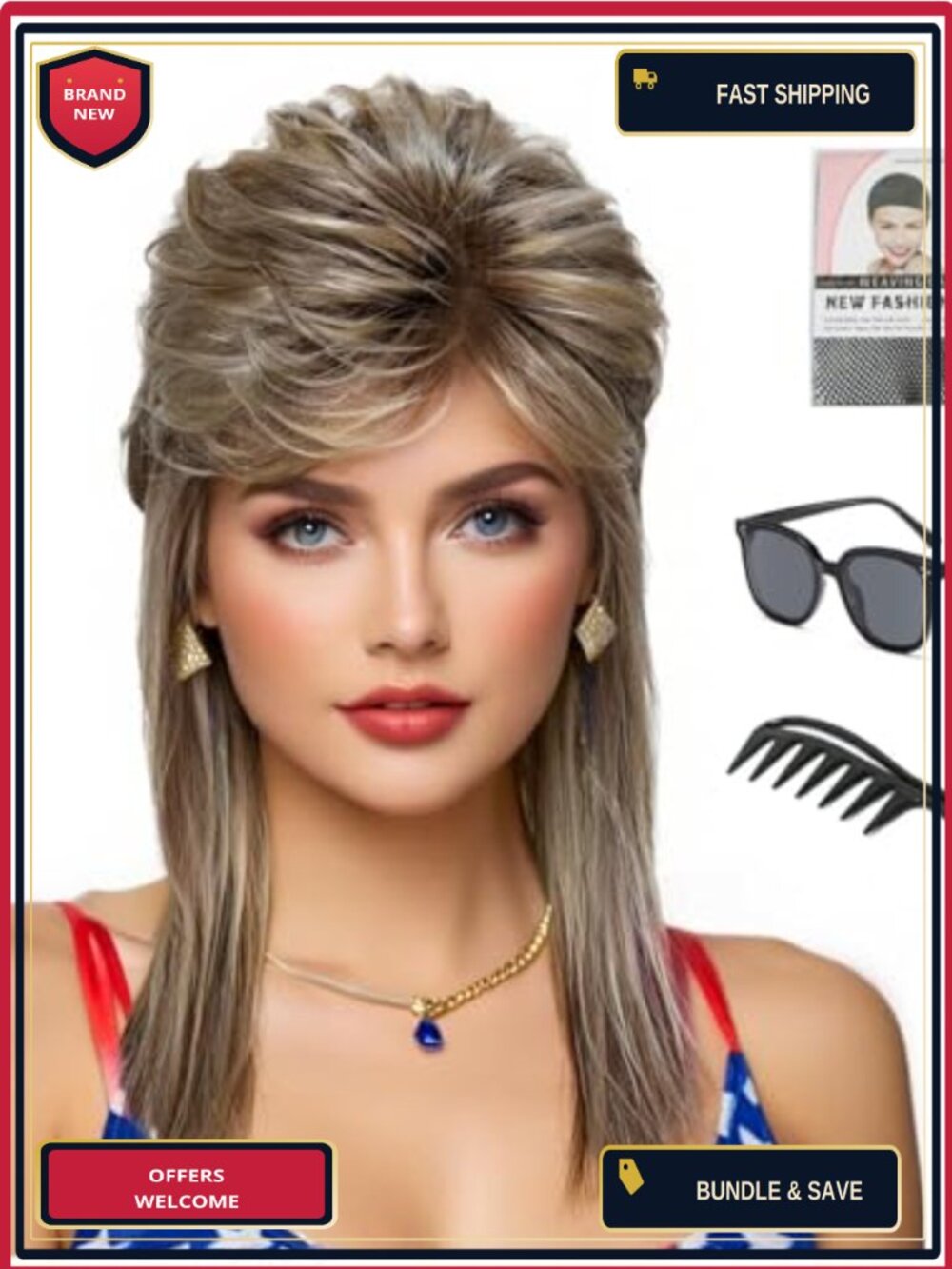 Synthetic Fiber Mullet Wig 80s 90s Retro Costume Party Cosplay